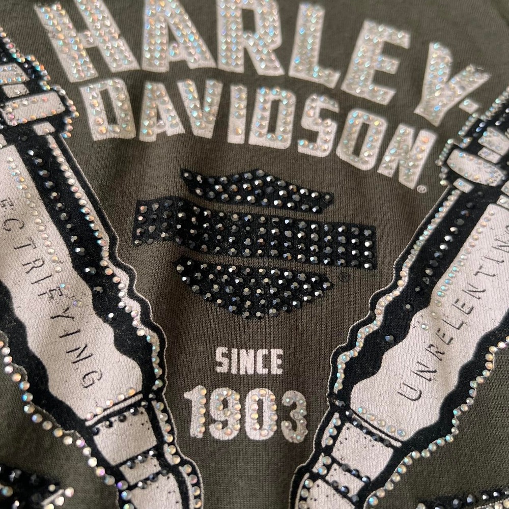 Harley Davidson Olive Green Top Rhinestone spark plug graphic pocket tee flowy